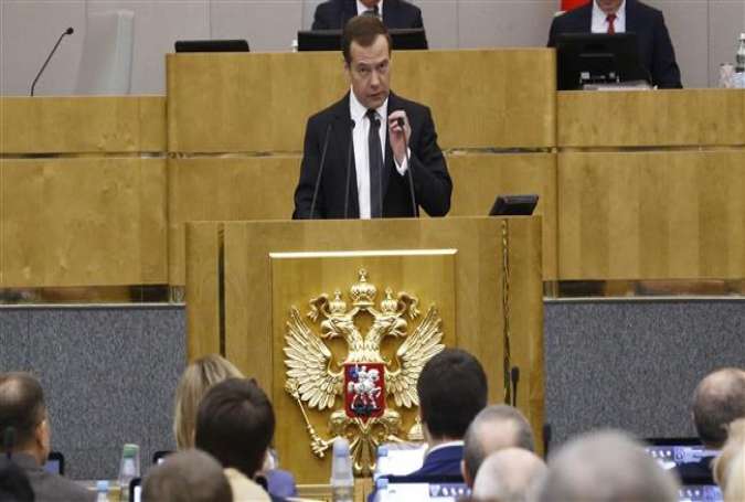 Russian Prime Minister Dmitry Medvedev delivers a speech at the State Duma, the lower house of the parliament, in Moscow on April 19, 2017. (Photo by Reuters)