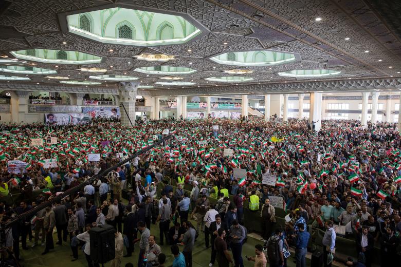Supporters of Iranian presidential candidate Ebrahim Raisi gather during a campaign meeting at the Mosalla mosque in Tehran, Iran, May 16, 2017.