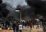Palestinians raise their flag in front of burning tyres they lit near the border with Israel, east of Gaza City.