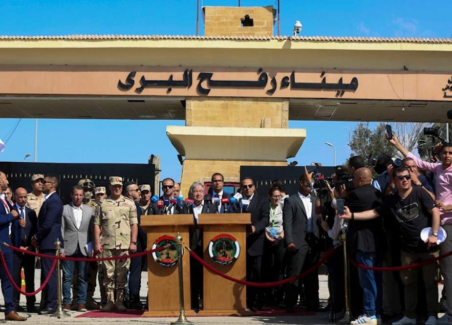 Antonio Guterres, the UN Secretasy-General speaks ata Egyptian side of Rafah border crossing