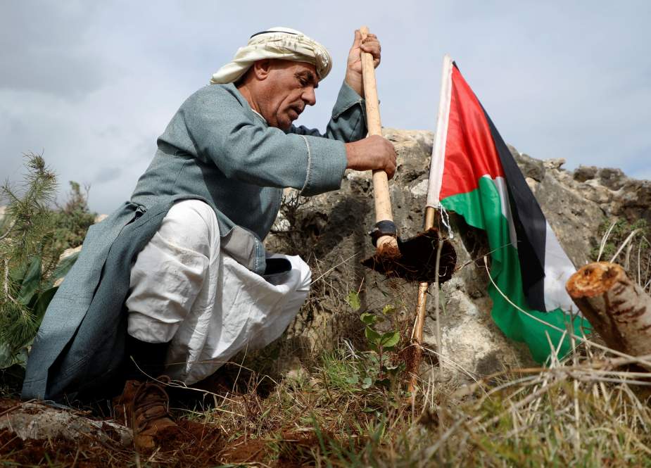 Elderly Palestinian man holding a hoe with a Palestinian flag planted near him