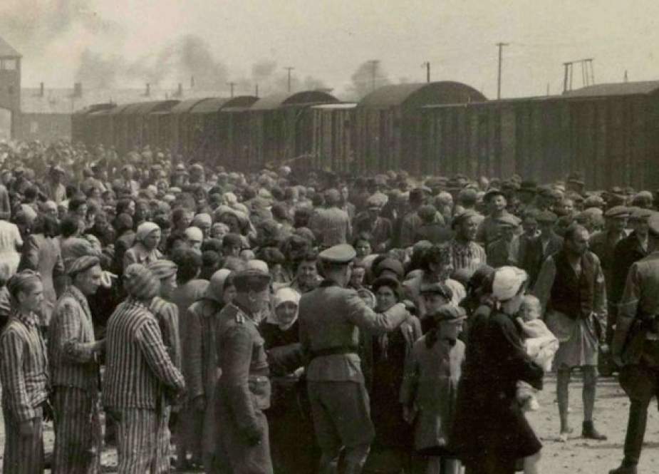 Hungarian Jews arrive at the Auschwitz II-Birkenau concentration camp in Nazi-occupied Poland in 1944