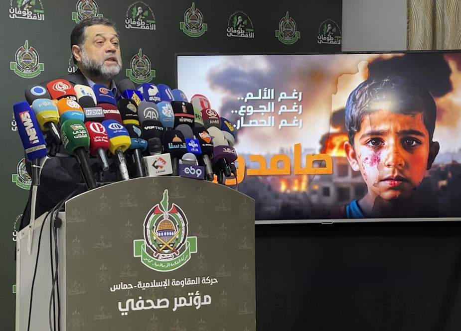 Senior Hamas official Osama Hamdan holds a press conference regarding the latest developments in Gaza