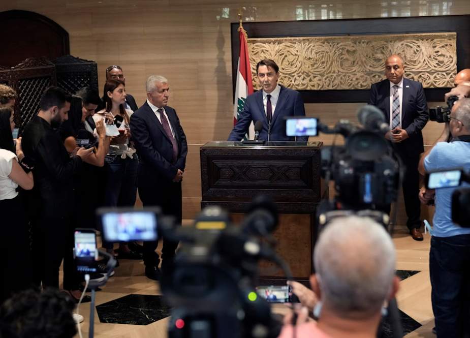 Senior Advisor to U..President Biden, Amos Hochstein, center, gives a statement to the media after his meeting with Parliament Speaker Nabih Berri in Beirut