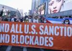 Activists protest US sanctions at a demonstration in Los Angeles, California