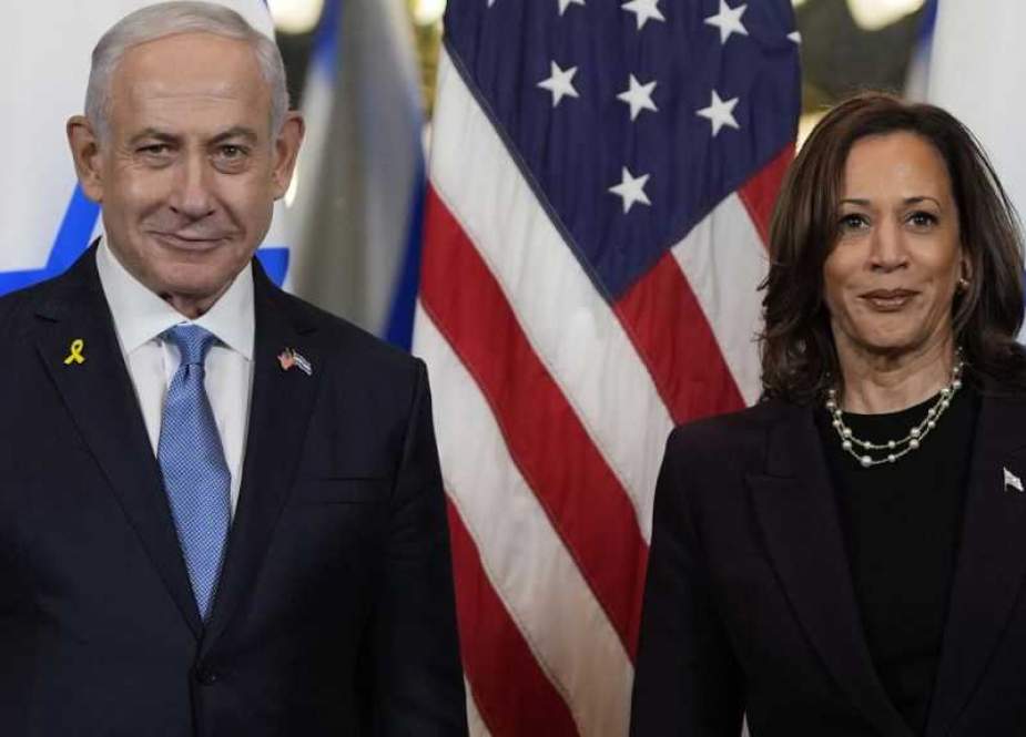 Kamala Harris, the presumptive Democratic presidential nominee, with the “Israeli” entity’s PM Benjamin Netanyahu